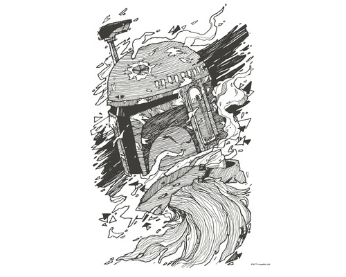 Tekening van een beschadigde helm in de stijl van Star Wars Boba Fett