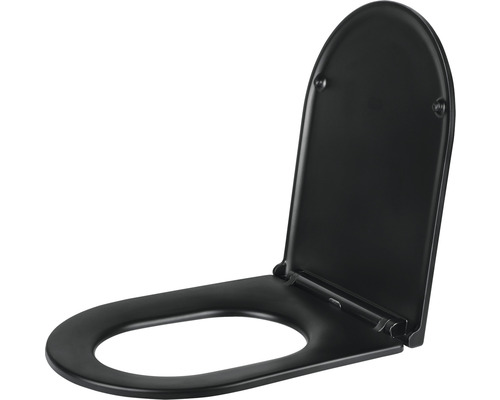 Zwarte kunststof toiletbril, opengeklapt
