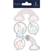 Vijf stickers met eenhoorn- en regenboogmotieven