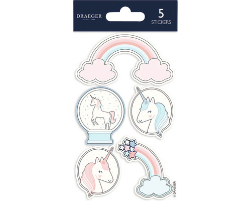 Vijf stickers met eenhoorn- en regenboogmotieven