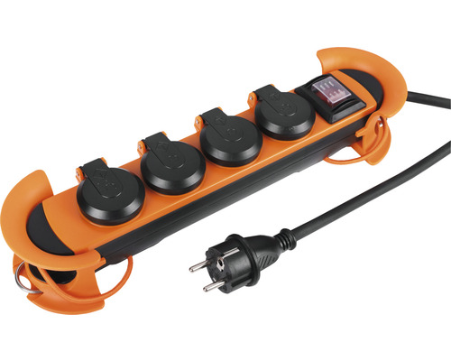 Q-LINK Stekkerdoos 4-voudig met CM-systeem 3x1.5 mm² IP44 oranje/zwart, 5 meter Verlengsnoer met vier stopcontacten, schakelaar en kabel