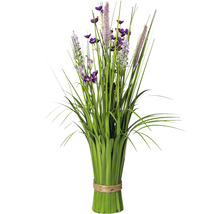 Decoratief bloemstuk met kunstbloemen en grassen, samengebonden met een koord