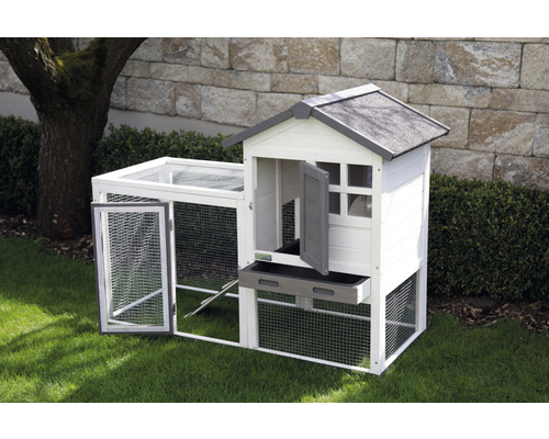 Houten kippenhok met buitenren in de tuin