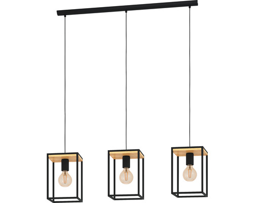 Hanglamp met drie lampen, kubusontwerp, hout en metaal