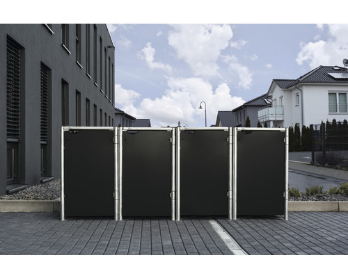 HIDE Containerberging 4 compartimenten metaal zwart, 278,8x80,7x115,2 cm Vier metalen afvalcontainerboxen staan buiten.