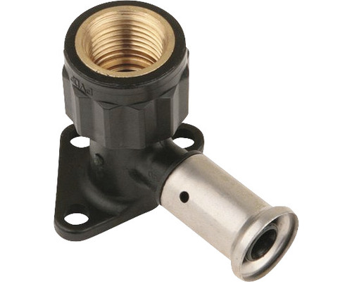 HENCO PVDF Sanitair muurplaat 16 mm pers x 1/2" binnendraad kort Hoek met schroefverbinding en bevestigingsflens voor sanitairtoepassingen