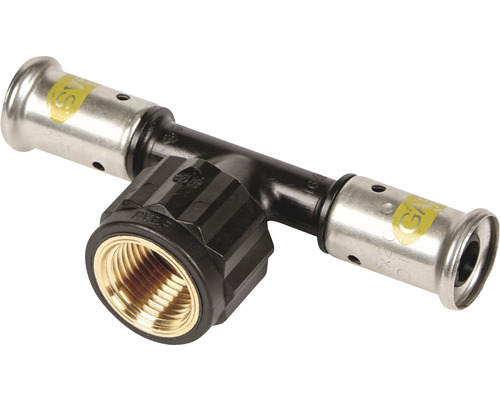 HENCO PVDF Gas overgangs-T-stuk 20 x 1/2" binnendraad x 20 mm pers T-stuk met binnendraad voor sanitair en verwarming