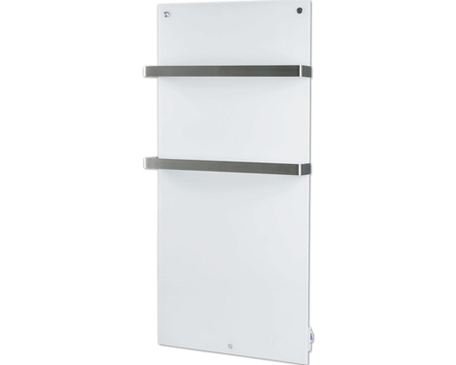 Witte handdoekverwarmer met twee metalen handdoekhouders