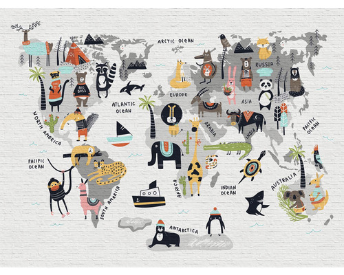 A.S. CRÉATION Fotobehang vlies 38297-1 The Wall dieren 371x280 cm Decoratieve wereldkaart met verschillende dieren op bakstenen behang