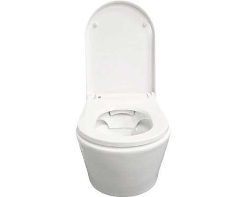 Wandcloset met diepspoeling, open spoelrand en omhooggeklapte zitting