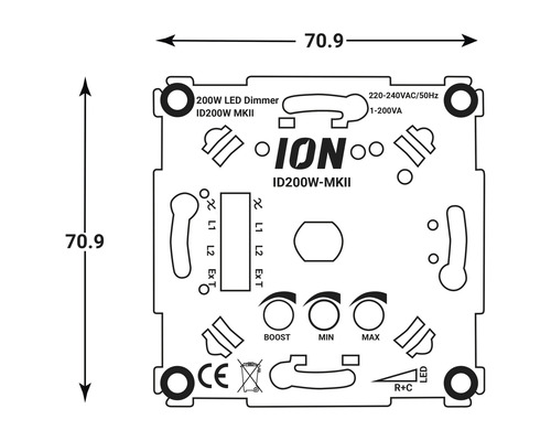 Technische tekening van een dimmer met maatvoering