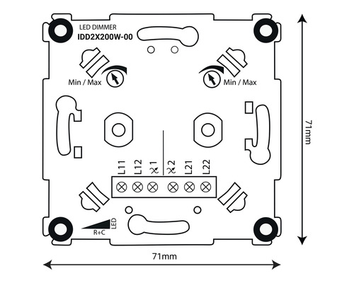 Schema led-dimmer met afmetingen van 71 x 71 mm