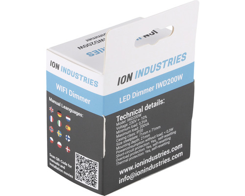 Verpakking van de Ion Industries LED Dimmer IWD200W met technische details