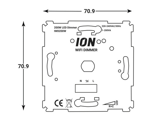 ION WiFi dimmer technische tekening met maatvoering