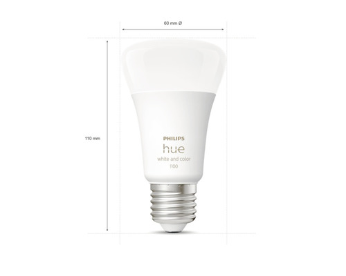Philips Hue lamp met afmetingen van 60 mm diameter en 110 mm hoogte