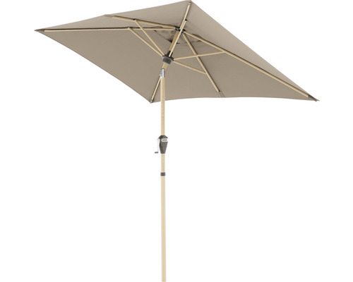 Rechthoekige parasol met houten frame en slinger mechanisme.
