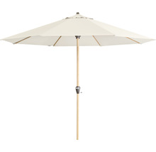 Tuinparasol met houten paal en lichtgekleurd scherm