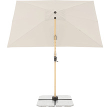Rechthoekige tuinzonne parasol met houten stok en parasolvoet.