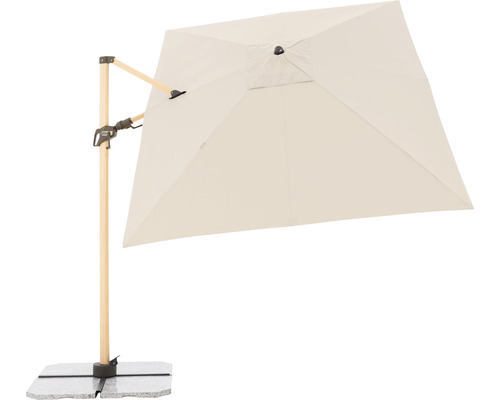 Vierkante parasol met houten standaard en stenen voet