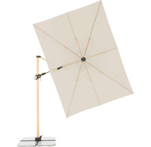 Rechthoekige parasol met houten frame en stenen voet voor buiten