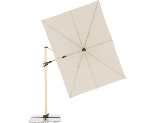 Rechthoekige parasol met houten frame en stenen voet voor buiten