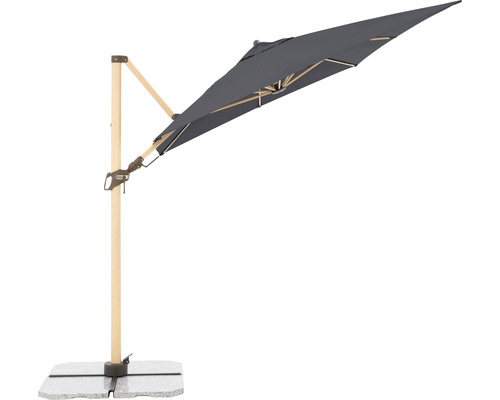 Vrijhangende parasol met houten frame en stenen voet