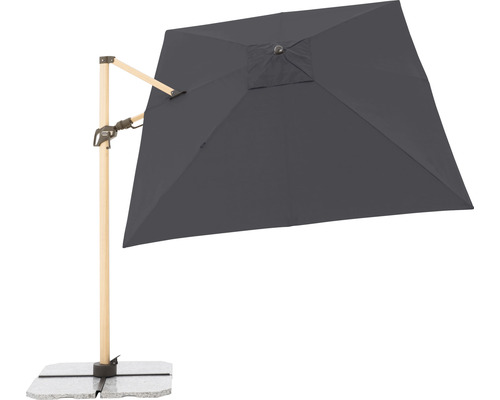 Vierkante zweefparasol met houten standaard en stenen plaat