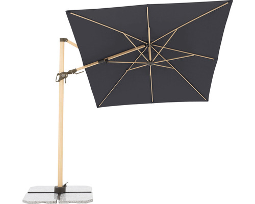 Vierkante zweefparasol met houten frame en stenen voet