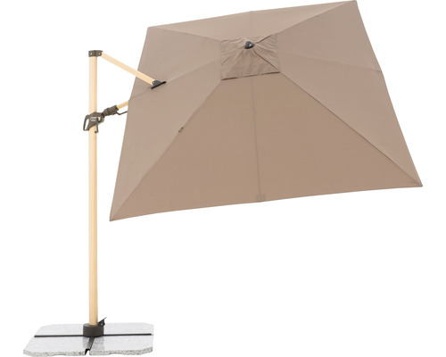 Vierkante zweefparasol met lichte houten paal en stenen voet