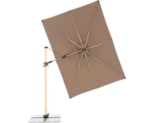 Rechthoekige parasol met houten frame op een stenen voet