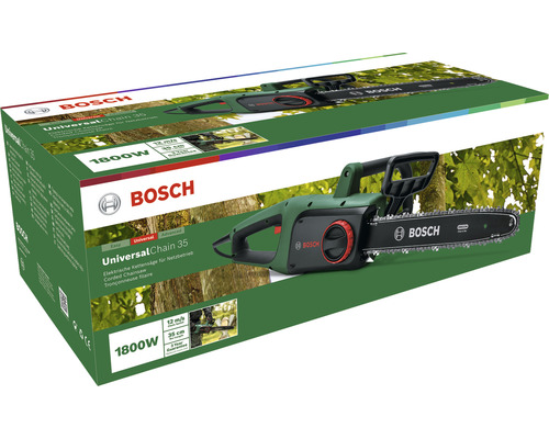 Verpakking van de Bosch UniversalChain 35 elektrische kettingzaag voor netvoeding met 1800 watt vermogen