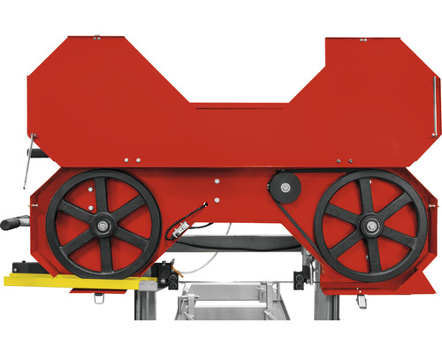 Detailweergave van een lintzaag met aandrijfwielen en zaaglint