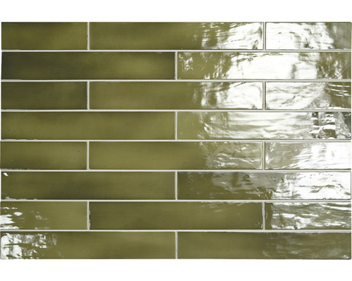 Wandtegel handvorm Artcore green 6,5x40 cm Rechthoekige, glanzende tegels met steenlook