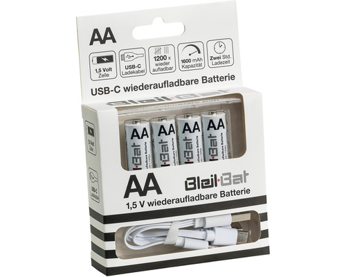 Verpakking van vier oplaadbare AA-batterijen met USB-C-oplaadkabel