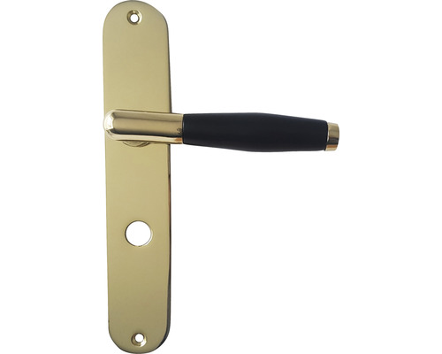 Deurklink met messing schild en zwarte handgreep