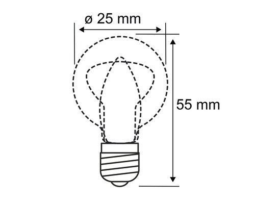 Technische tekening van een gloeilamp met afmetingen van 25 mm diameter en 55 mm lengte