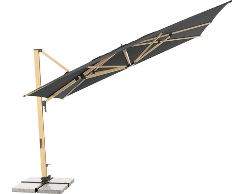 Vrijhangende parasol met houten frame en stenen voet