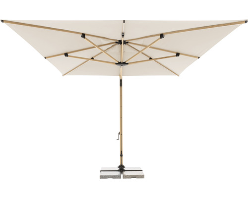 Vierkante parasol met houten frame en stenen voet