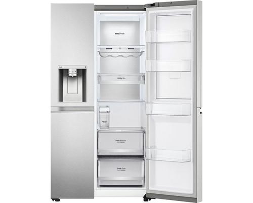 Geopende side-by-side koelkast met waterdispenser en diverse opbergvakken