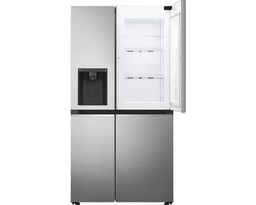 Meerdelige koelkast met ijsblokjesmachine en een open deur.