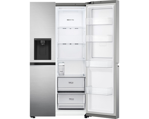 Geopende side-by-side koelkast met compartimenten en waterdispenser