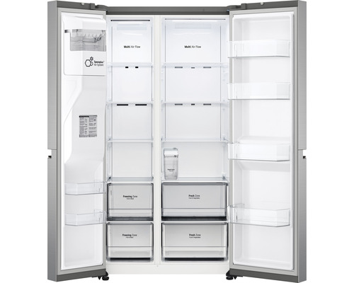 Geopende side-by-side koelkast met schappen en laden