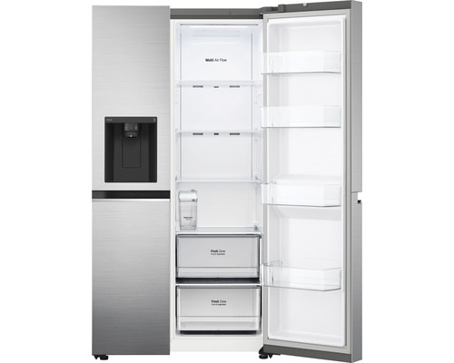 Geopende side-by-side koelkast met waterdispenser en meerdere planken