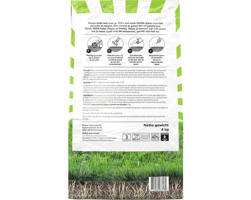 Pakon gazenzadenverpakking met informatie over gebruik en ingrediënten, netto gewicht vier kilogram