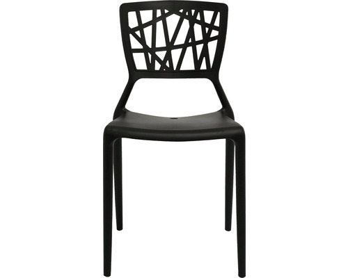 Zwarte kunststof stoel met open rugleuning.