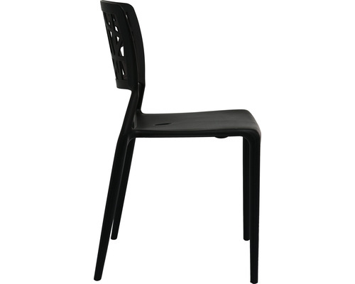 Zwarte plastic stoel met open rugleuning vanaf de zijkant