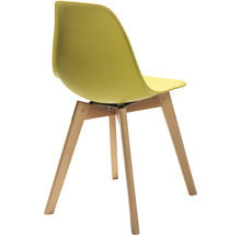 Gele stoel met houten poten van achteren