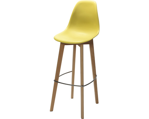 Gele barkruk met houten poten en voetensteun