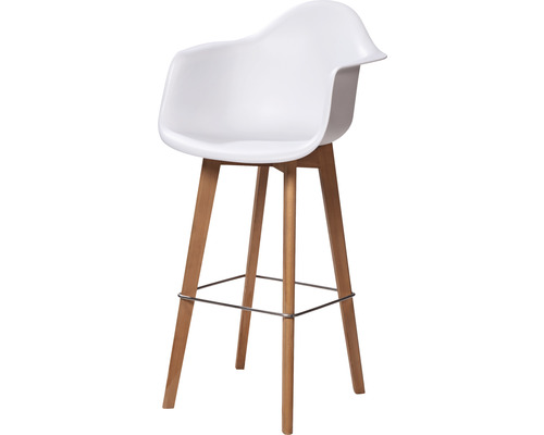 Barstoel met armleuning, kunststof zitting en houten poten