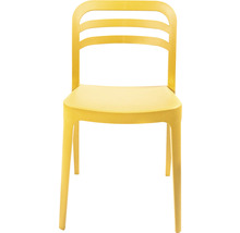 Gele kunststof stoel met rugleuning en vier poten